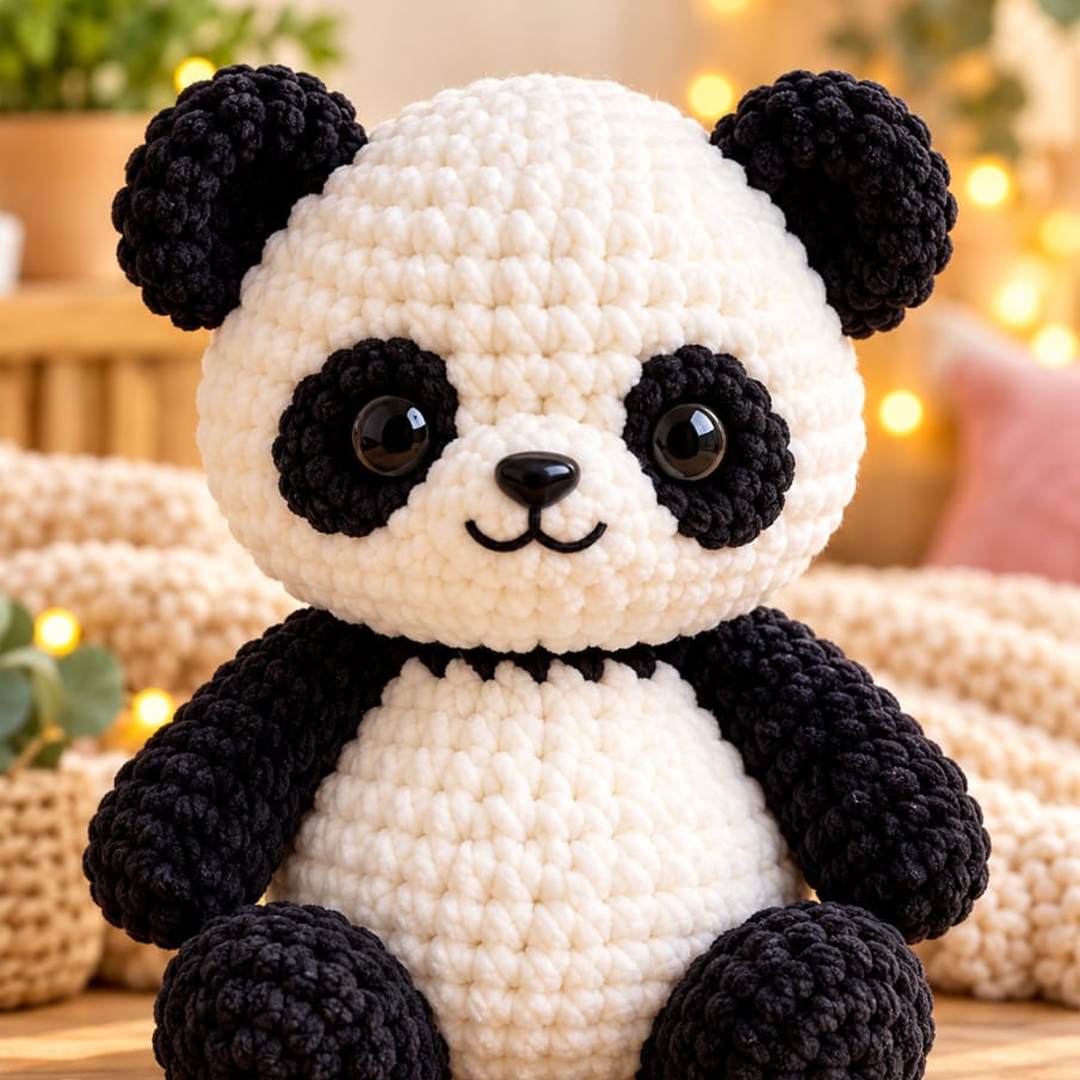 Cute black and white amigurumi panda crochet plush toy, Panda Crochet Pattern PDF with step-by-step instructions