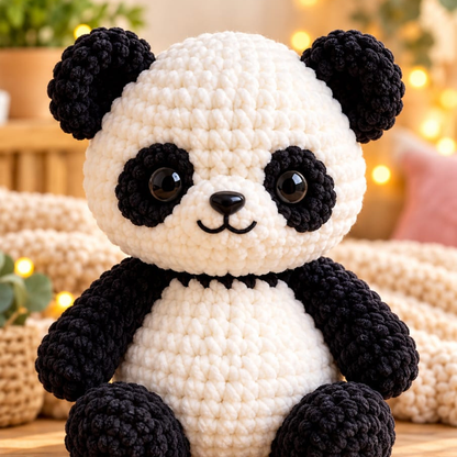 Cute black and white amigurumi panda crochet plush toy, Panda Crochet Pattern PDF with step-by-step instructions