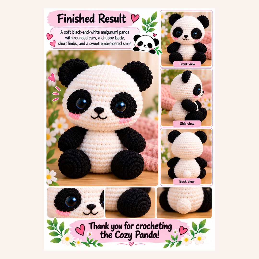Finished black and white amigurumi panda crochet plush toy collage showing front, side and back views with close-up details of the handmade panda.