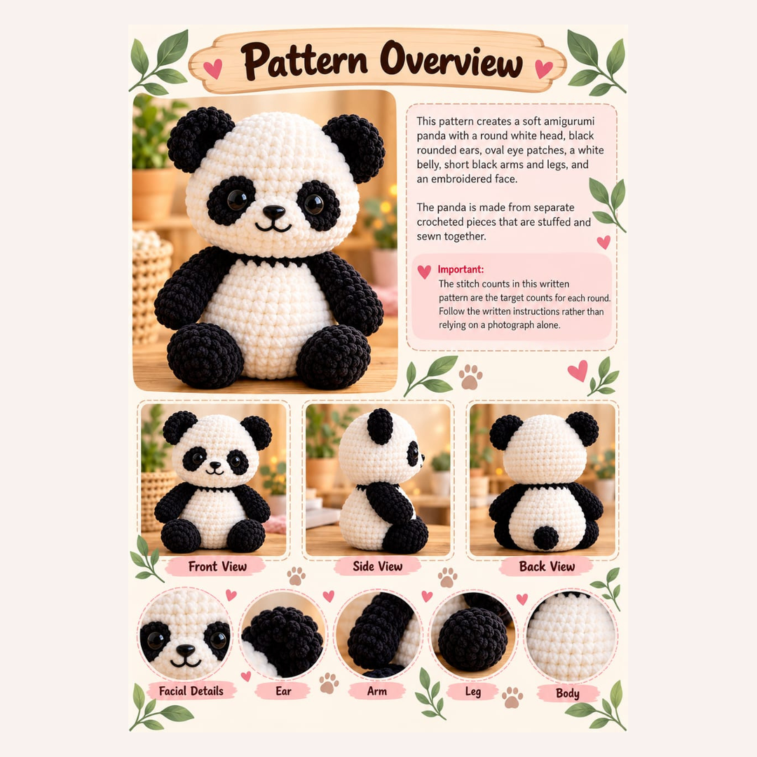 Amigurumi panda crochet pattern PDF overview showing a black and white plush panda, front, side and back views, and close-up details of the ears, arms, legs and body.
