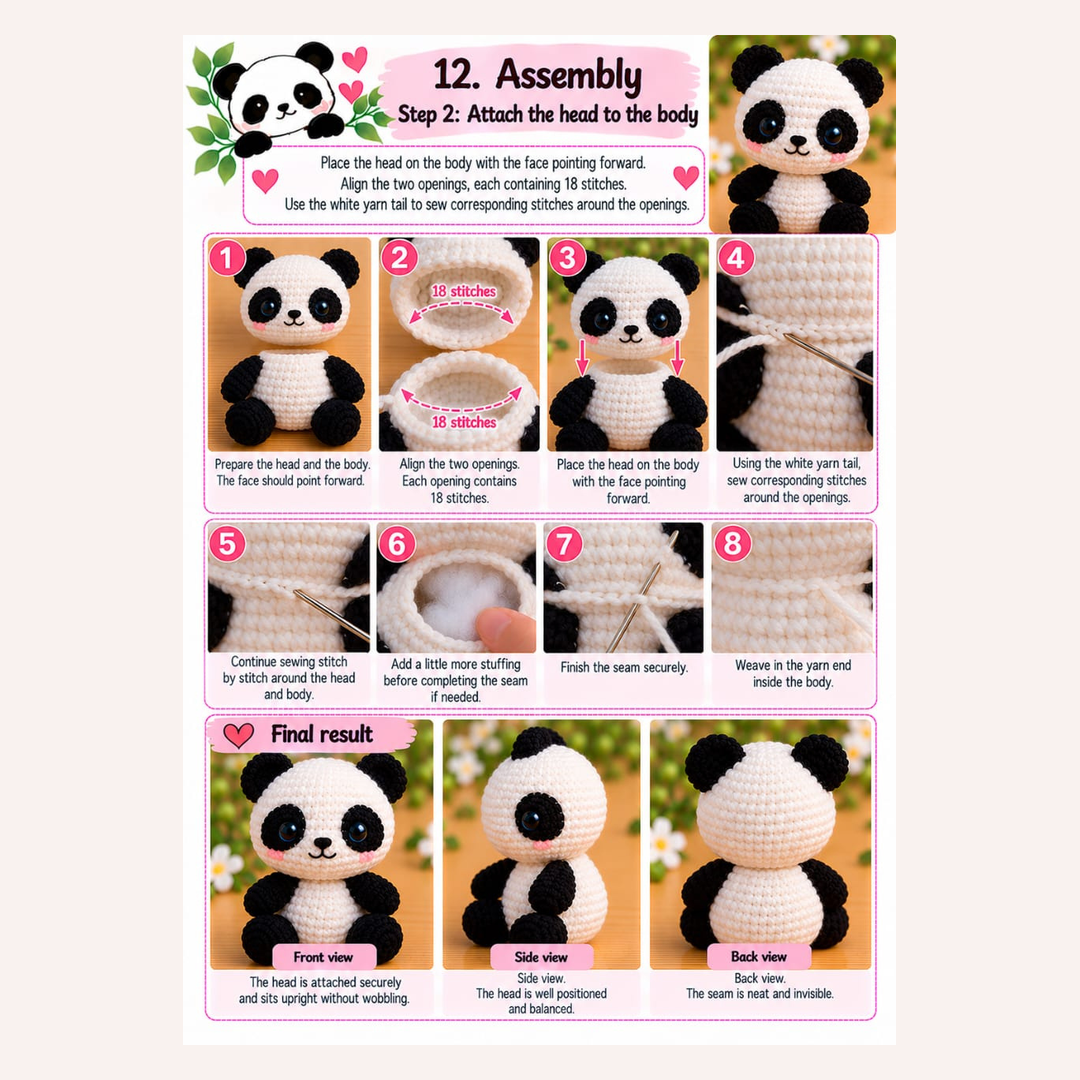 Step-by-step amigurumi panda crochet pattern PDF tutorial showing how to sew the panda head to the body, assembly instructions and finished plush toy views.