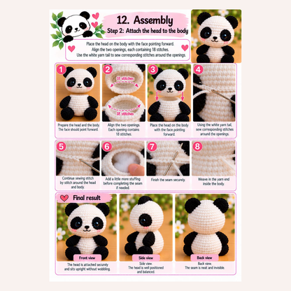 Step-by-step amigurumi panda crochet pattern PDF tutorial showing how to sew the panda head to the body, assembly instructions and finished plush toy views.