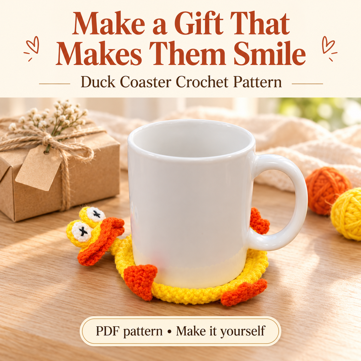 Crocheted duck coaster under a mug, presented as a handmade gift idea; digital crochet pattern