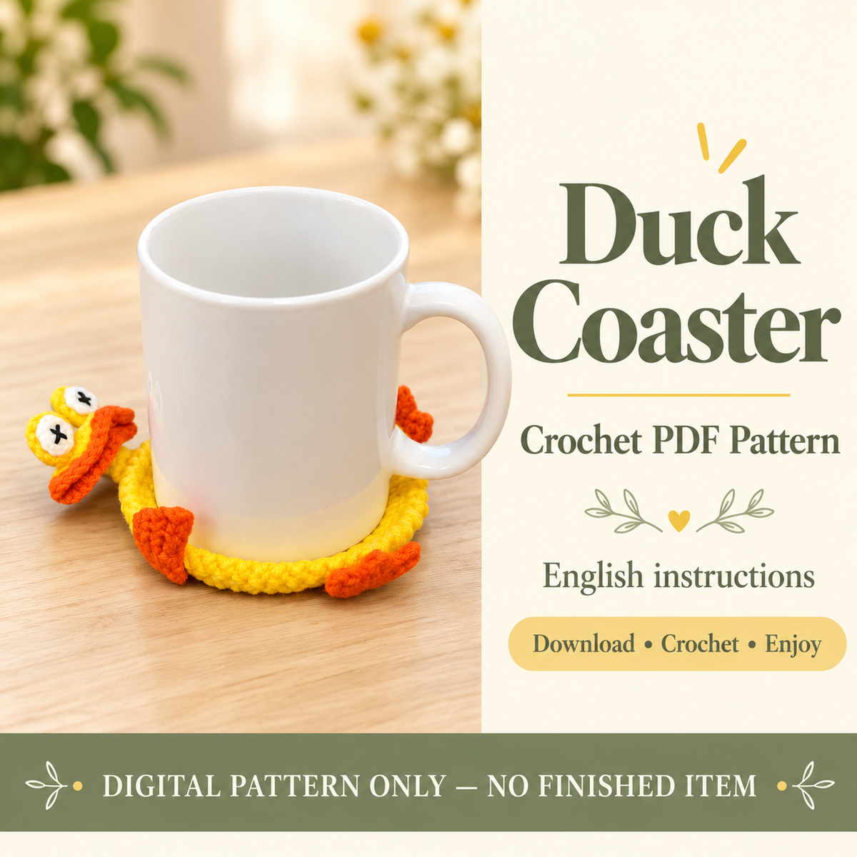 Crocheted duck coaster under a mug, shown as the finished example for an English PDF crochet pattern