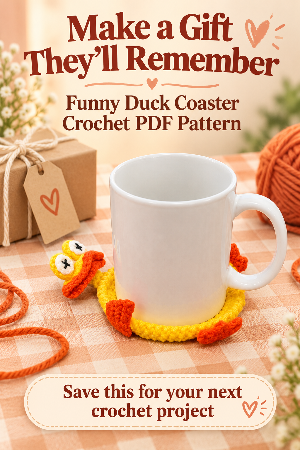 Funny duck coaster under a mug with the crochet PDF pattern called out